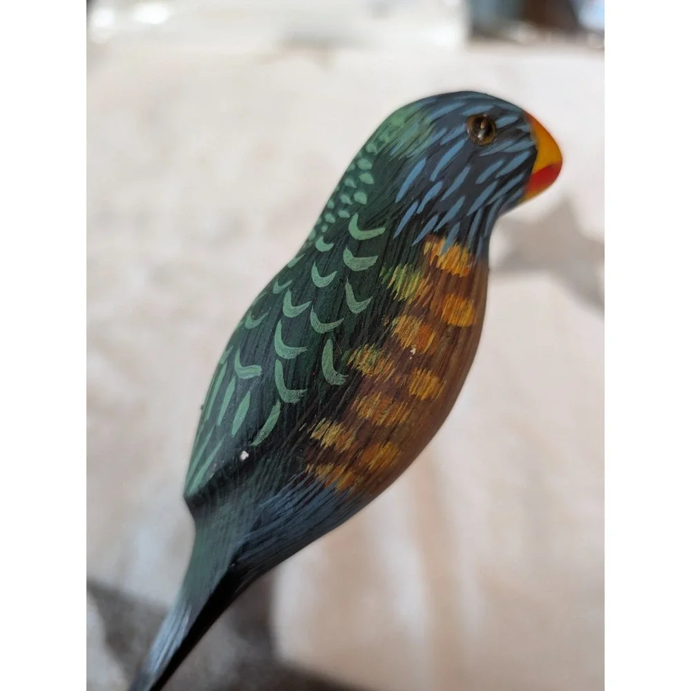 Green Parrot Hand-Carved Hand-Painted Wood Folk Art Bird Letter Opener Glass Eye